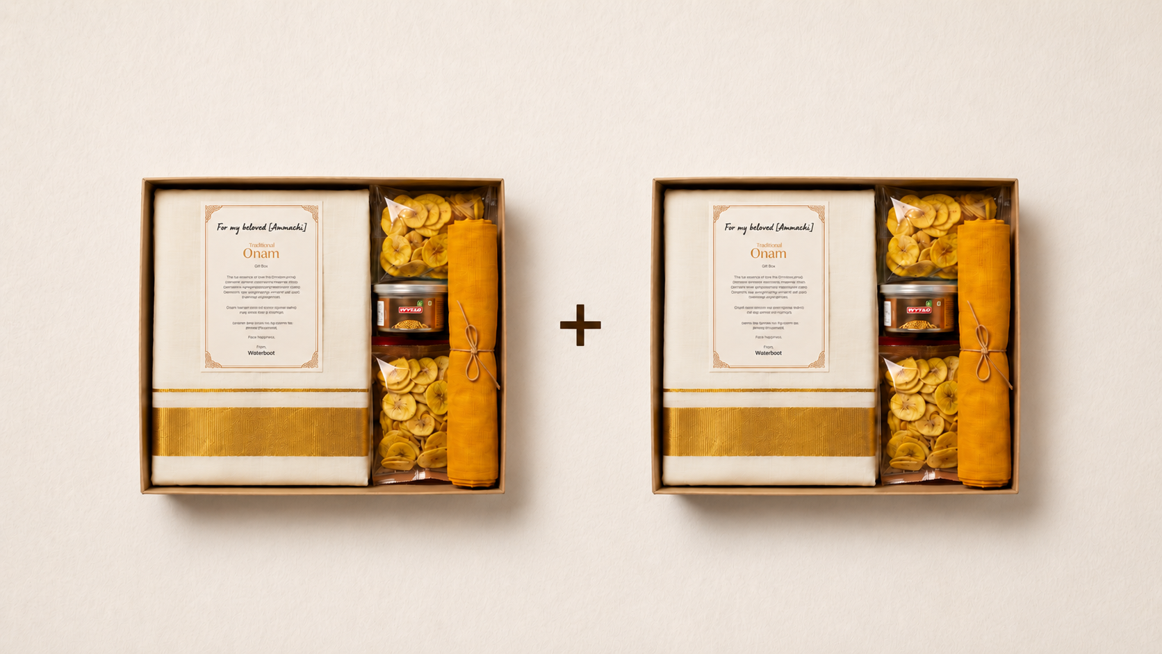 Ultimate Onam Couple/Parents Gift Box — Kodi Dhoti, Set Mundu / Saree, Dual Manjakkodi & Custom Wish Card