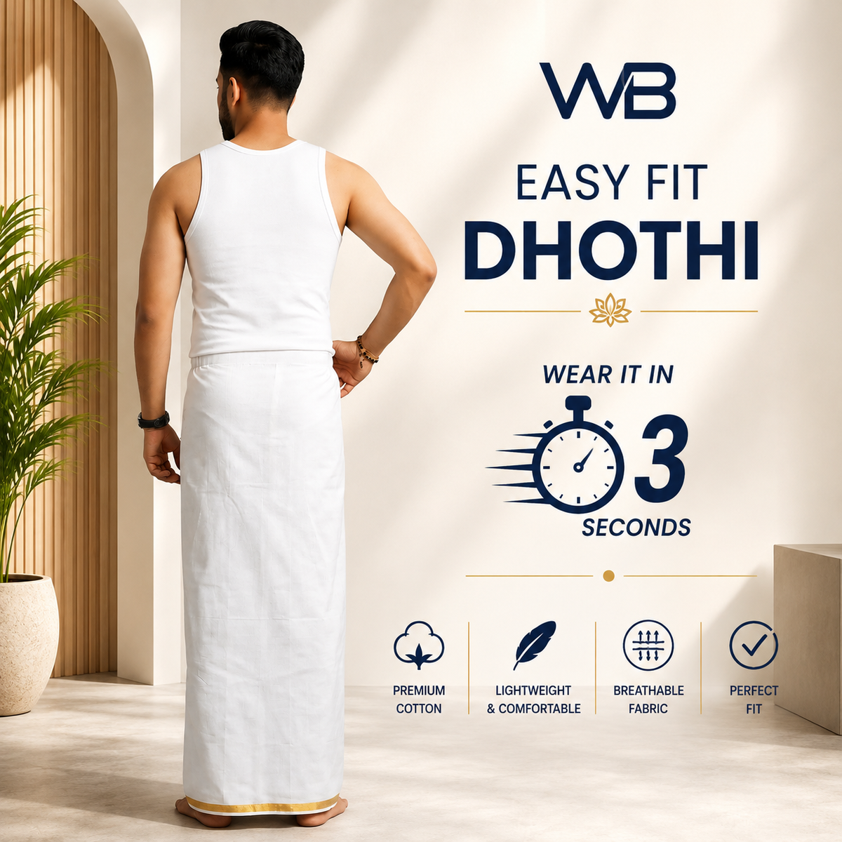 Easy Fit Ready-to-Wear Double  Dhoti (Pure Cotton with Gold Zari)