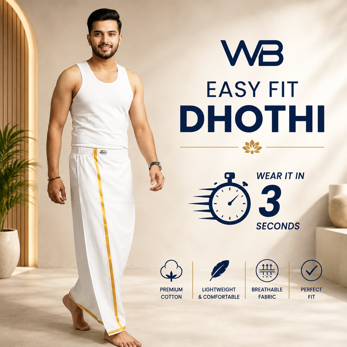 Easy Fit Ready-to-Wear Double  Dhoti (Pure Cotton with Gold Zari)