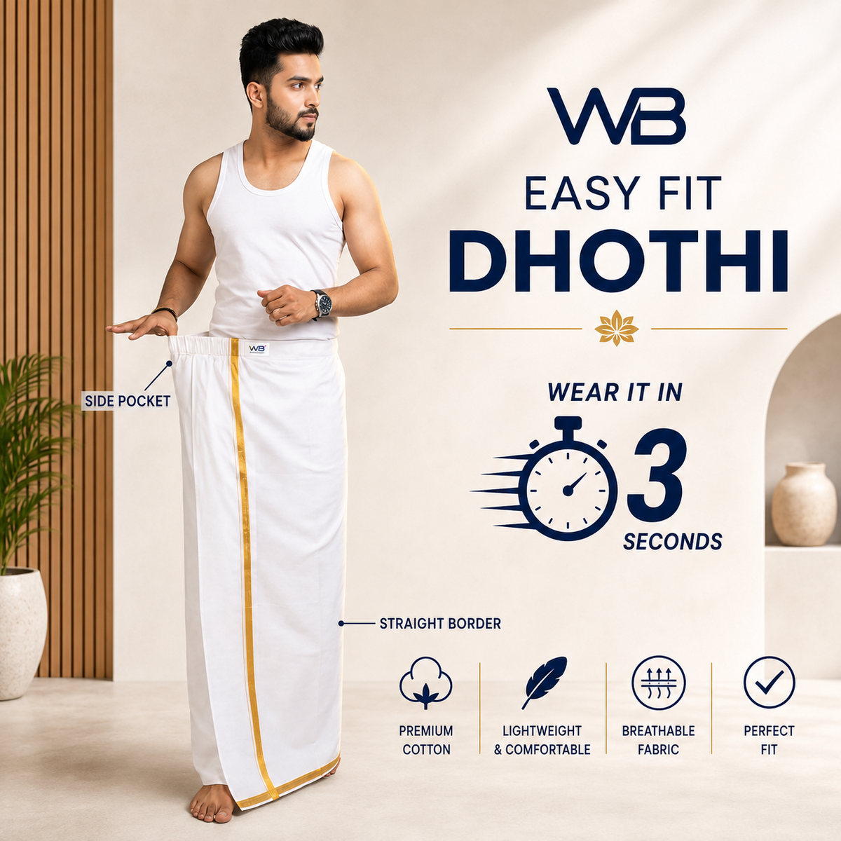 Easy Fit Ready-to-Wear Double  Dhoti (Pure Cotton with Gold Zari)