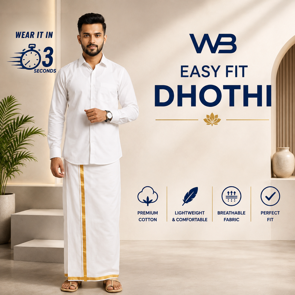 Easy Fit Ready-to-Wear Double  Dhoti (Pure Cotton with Gold Zari)